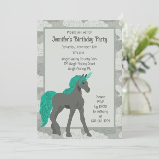グレーとターコイズのユニコーン オーダーメイド 招待状 (スタンド正面)