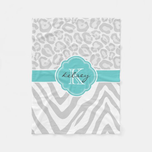 グレーとターコイズアニマルプリントカスタムモノグラム フリースブランケット (正面)