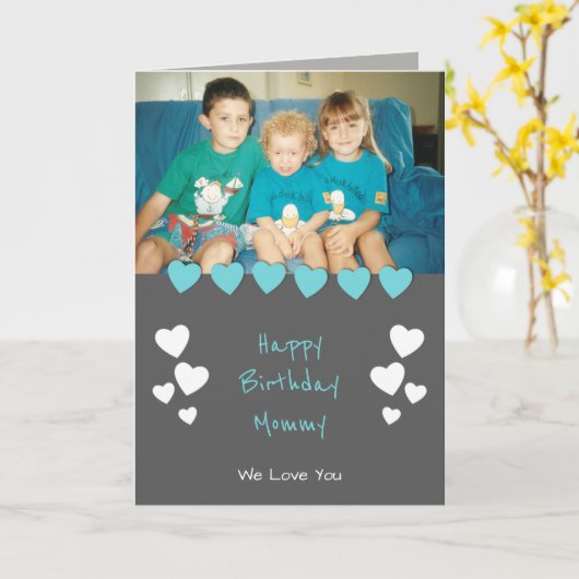 グレーとターコイズムーム写真誕生日 カード (黄色い花)