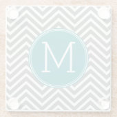 グレーとティール（緑がかった色）シェブロンカスタムズ – モノグラム ガラスコースター (裏面)