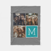 グレーとティール(緑がかった色)スクエア3フォトコラージモノグラム フリースブランケット (正面)