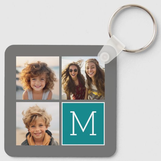 グレーとティール（緑がかった色）Instagramフォトコラージモノグラム キーホルダー (裏面)