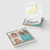 グレーとティール（緑がかった色）Instagramフォトコラージモノグラム ストーンコースター (横)