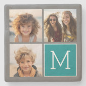 グレーとティール（緑がかった色）Instagramフォトコラージモノグラム ストーンコースター (正面)
