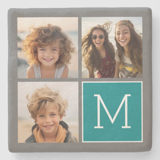 グレーとティール（緑がかった色）Instagramフォトコラージモノグラム ストーンコースター (正面)