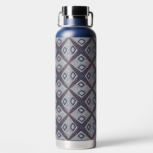グレーとネイビーブルーの泥の布美インスパイアしい ウォーターボトル (背面)