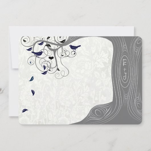 グレーとネイビーモダンツリーラブバード結婚ズ 招待状 (裏面)