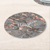 グレーとバラ金ゴールド大理石、白スクリプト名 ラウンドペーパーコースター (アングル)