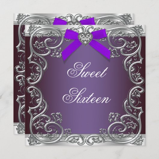 グレーとパープルの甘い16誕生日パーティー 招待状 (正面/裏面)