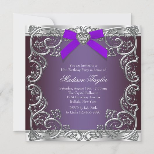 グレーとパープルの甘い16誕生日パーティー 招待状 (裏面)