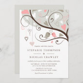 グレーとピンクお洒落のロバ結婚バード 招待状 (正面/裏面)