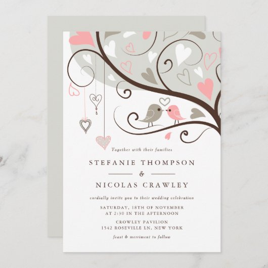 グレーとピンクお洒落のロバ結婚バード 招待状 (正面/裏面)