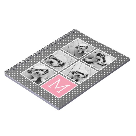 グレーとピンクのインスタグラム5フォトコラージモノグラム ノートブック (左側)