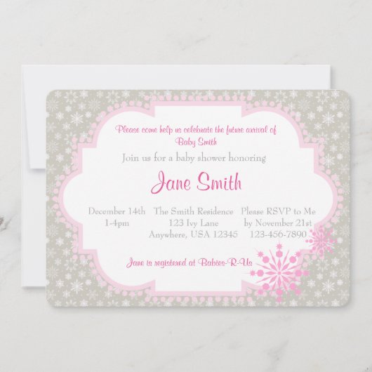 グレーとピンクのスノーフレーク赤ちゃんシャワー招待状 招待状 (正面)