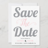 グレーとピンクのタイポグラフィと背面の写真 セーブザデート (正面)