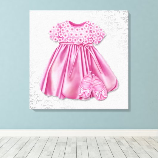 グレーとピンクのダマスクドレスピンクドレスベビーガール キャンバスプリント (インサイチュ (ウッドフロア))