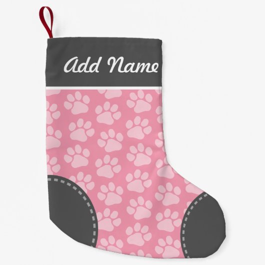 グレーとピンクのドッグポープリントパターン名前をカスタムする スモールクリスマスストッキング (正面)
