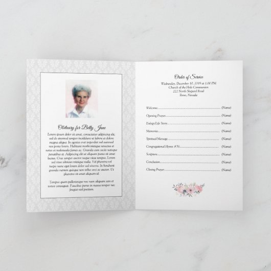 グレーとピンクのハイライトを持つ葬儀プログラム カード (内部)