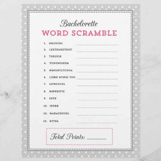 グレーとピンクのバチェロレッテ単語スクランブルゲーム (正面)