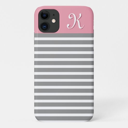 グレーとピンクのパターストライプのンのモノグラム Case-Mate iPhoneケース (裏面)
