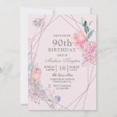 グレーとピンクのフローラ幾何学的な90th誕生日パーティー 招待状 (正面)