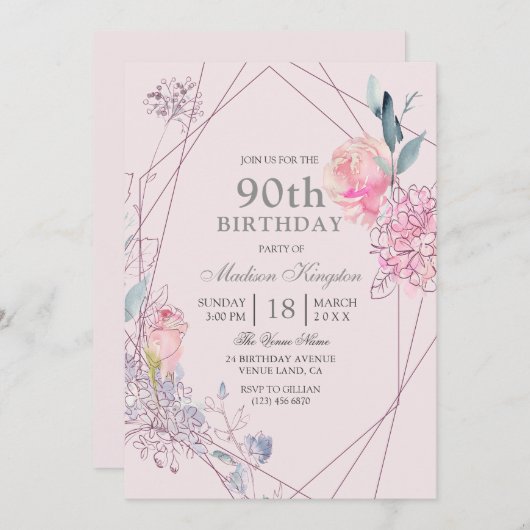 グレーとピンクのフローラ幾何学的な90th誕生日パーティー 招待状 (正面/裏面)