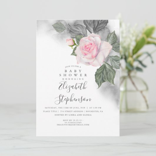 グレーとピンクのフローラ水色ベビーシャワー 招待状 (スタンド正面)
