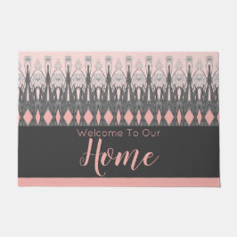 グレーとピンクのフローラ ドアマット