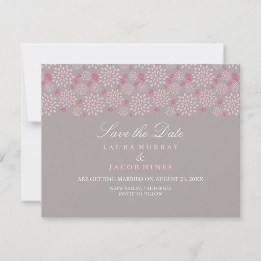 グレーとピンクの春の花モチーフの結婚式Save The Date 招待状 (正面)