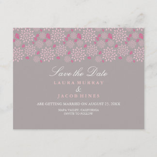グレーとピンクの春の花モチーフの結婚式Save The Date 招待状