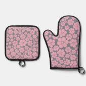 グレーとピンクの花柄 鍋つかみ&鍋敷きセット (正面)