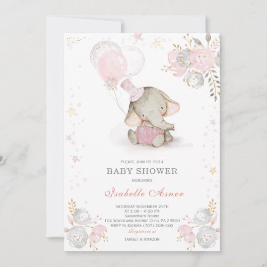 グレーとピンクの象の赤ちゃんシャワー 招待状 (正面)