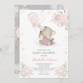 グレーとピンクの象の赤ちゃんシャワー 招待状 (正面/裏面)