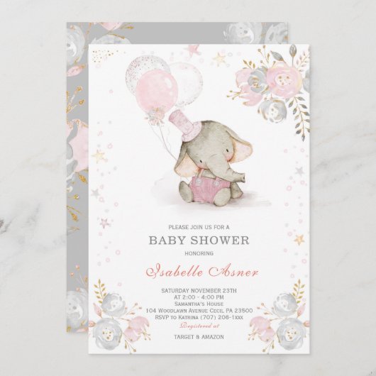 グレーとピンクの象の赤ちゃんシャワー 招待状 (正面/裏面)