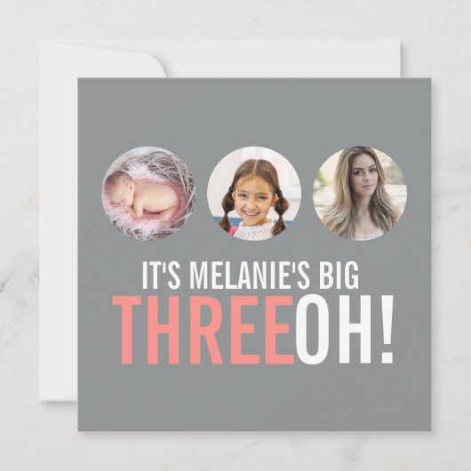 グレーとピンクの30th THREEOH！フォト誕生日招待状 招待状 (正面)