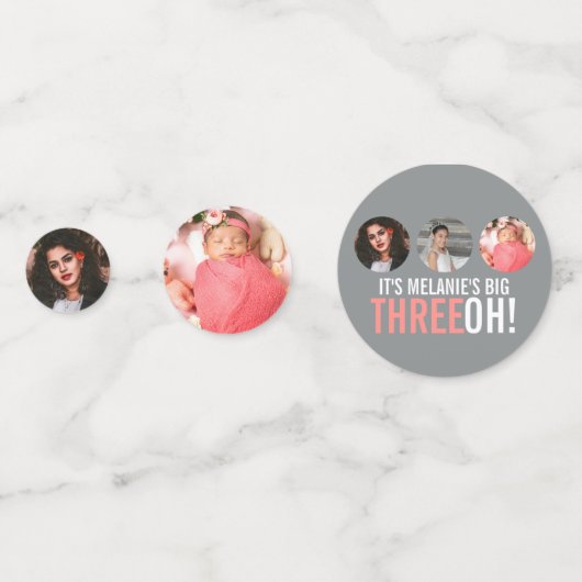 グレーとピンクの30th THREEOH！写真の誕生日グラフィック コンフェッティ (裏面)