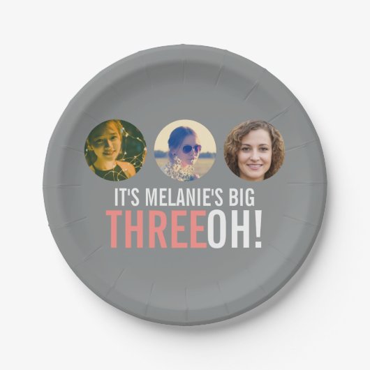 グレーとピンクの30th THREEOH！写真誕生日 ペーパープレート (正面)