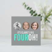 グレーとピンクの40歳FOUROH！写真付き誕生日招待状 招待状 (スタンド正面)