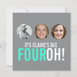 グレーとピンクの40歳FOUROH！写真付き誕生日招待状 招待状