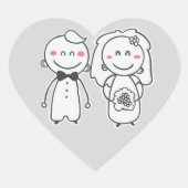 グレーとピンク結婚のマンガの花嫁と花婿 ハートシール (正面)