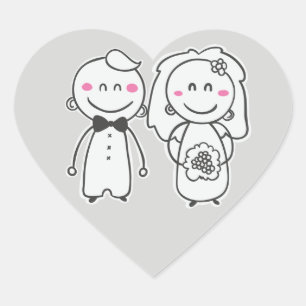 グレーとピンク結婚のマンガの花嫁と花婿 ハートシール