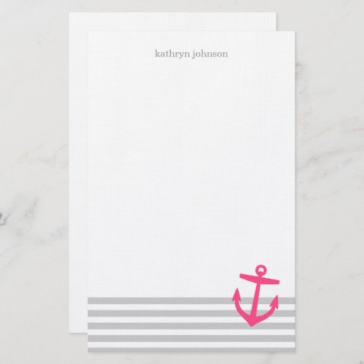 グレーとピンク航海ののストライプいかり 便箋 (正面/裏面)