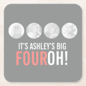 グレーとピンク40th FOUROH!フォトバースデーパーティー スクエアペーパーコースター (正面)