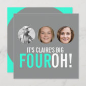 グレーとピンク40th FOUROH！フォト誕生日招待状 招待状 (正面/裏面)