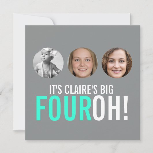 グレーとピンク40th FOUROH！フォト誕生日招待状 招待状 (正面)