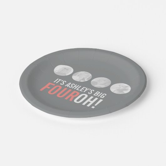 グレーとピンク40th FOUROH！写真誕生日 ペーパープレート (アングル)