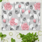 グレーとピンク。花柄 キッチンタオル (折り畳み)
