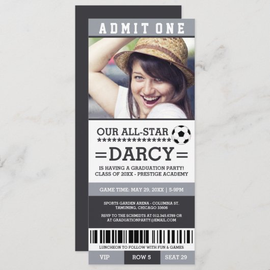 グレーとブラックのサッカー卒業パーティー招待状 招待状 (正面/裏面)