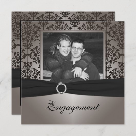 グレーとブラックのダマスク婚約発表 招待状 (正面/裏面)
