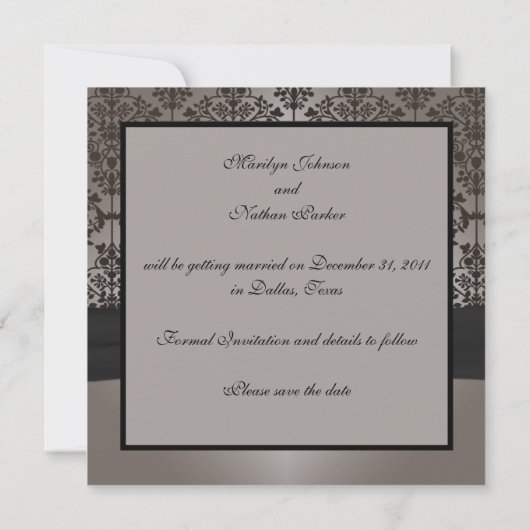 グレーとブラックのダマスク婚約発表 招待状 (裏面)